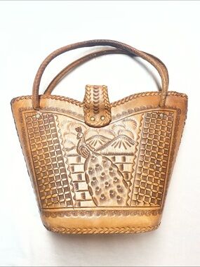 Vintage Hand Tooled Tan Leather Tote with Embossed Peacock Design From Mexico